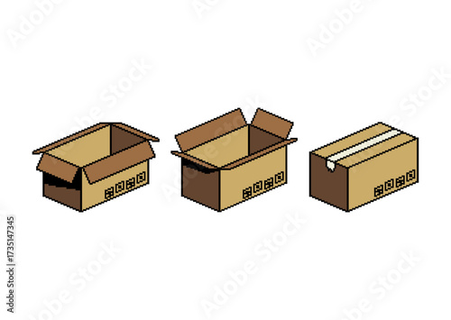Pixel art cardboard boxes in different states: open, half-open, and sealed, designed with a simple retro game-inspired style.
