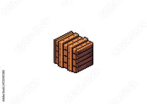 Pixel art wooden crate stack with detailed planks and bolts, designed in a retro game style for storage or construction elements.