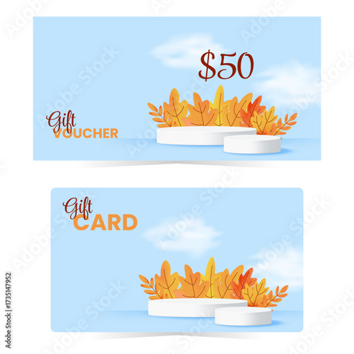 Set of autumn gift voucher and gift card with white podium, orange foliage and blue sky. Ideal for fall sales, seasonal campaigns or loyalty gifts. Vector illustration