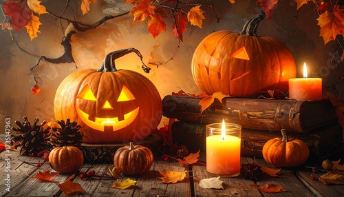Enchanting Halloween Night: Glowing Jack-o'-Lanterns, Autumn Leaves, and Flickering Candles on Rustic Wood