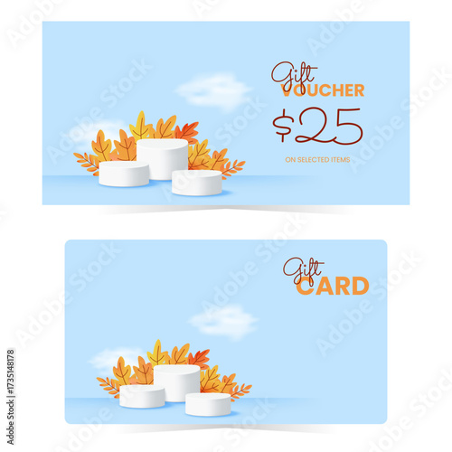 Autumn gift card and gift voucher with white stage, decorative leaves and clean sky. Minimal and elegant layout for promotions, branding or fall giveaways. Vector illustration