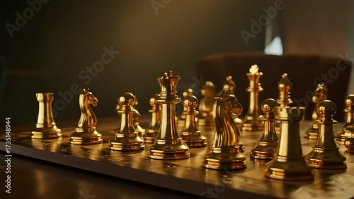 Golden chess pieces on dark board
