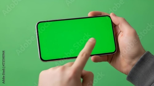 Hands holding a smartphone with a green screen in landscape mode.