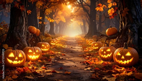Enchanting Halloween Pathway Lined with Glowing Jack-o'-Lanterns Amidst Autumn Foliage