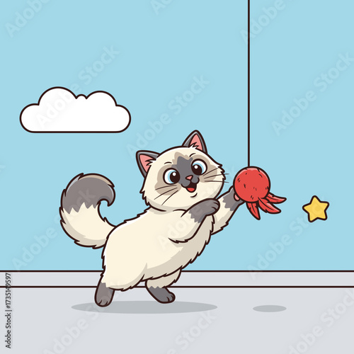 Playful cat chasing toy ball in a colorful indoor setting  