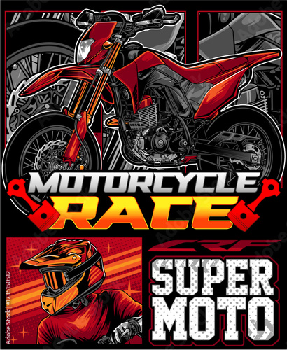 Supermoto Motorcycle Race Graphic Design with Rider and Dirt Bike Illustration for Extreme Sports