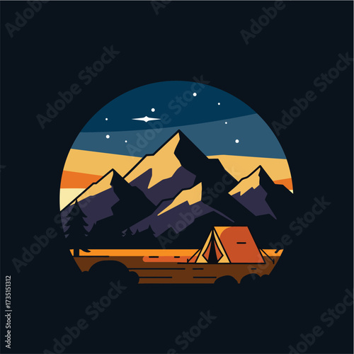 A vibrant sunset illuminates majestic mountains and a serene forest campsite with a tent, capturing an outdoor adventure.