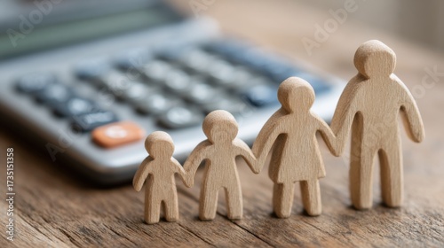 Family and Finances: Wooden figures representing a family stand united against the backdrop of a calculator, symbolizing financial planning, security, and family stability. 