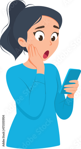 Young woman reacts in surprise while checking her phone at home isolated on transparent background. Vector illustration.
