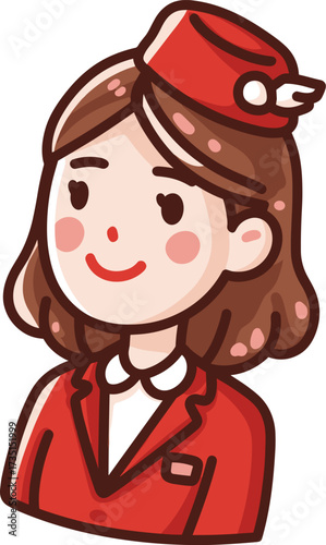 Friendly female flight attendant wearing a red uniform and hat isolated on transparent background. Vector illustration.