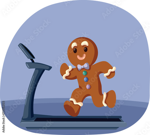 Funny Gingerbread Character Running on a Treadmill Vector Character. Cute adorable dessert snack getting in shape for the holidays 

