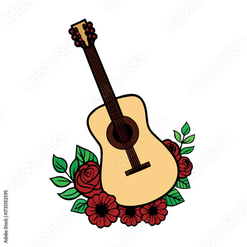 Acoustic Guitar Adorned with Romantic Red Roses and Verdant Leaves in a Botanical Arrangement Design for Music Lovers