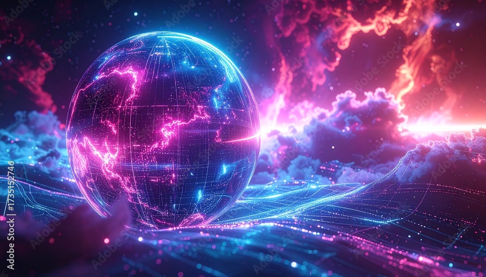 Obraz premium Digital cosmic sphere surrounded by glowing futuristic starfield