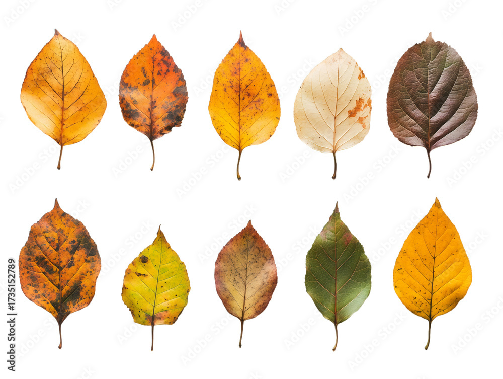 Fototapeta premium Autumn Leaves Collection: Colorful Fall Foliage, Variety of Deciduous Leaf Shapes and Textures, Seasonal Nature Photography, Isolated on White Background, PNG