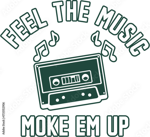 Vintage Cassette Tape 'Feel the Music' Graphic Design with Musical Notes - Retro Audio Concept Illustration