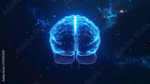 Glowing blue digital brain with neural network connections floating in a cosmic, starry void