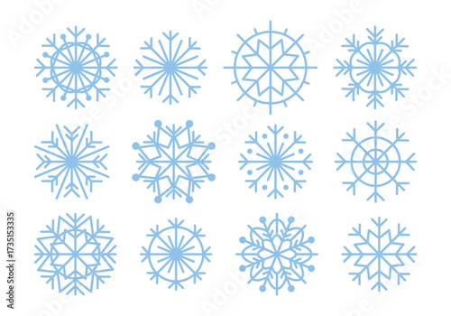 Wallpaper Mural Vector set of illustrations of blue snowflakes of various shapes and sizes in a flat minimalist style. Christmas decor, Christmas, New Year, frost, winter, toy and cozy atmosphere. Seasonal objects. Torontodigital.ca