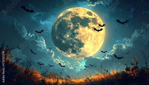 Ethereal Full Moon Illuminates a Swarm of Bats Over a Mystical Autumn Landscape