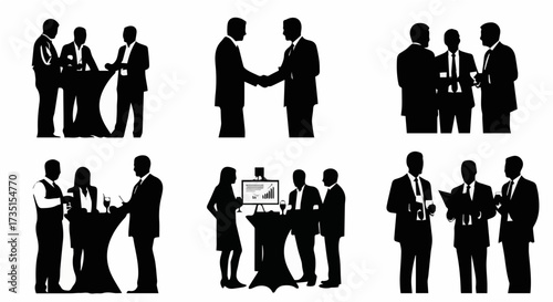 Professional business people networking, shaking hands, and collaborating in various corporate meeting scenarios, perfect for corporate presentations.