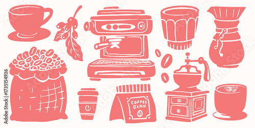 Clip Art Coffee Cup and Classic Coffee Machine, Coffee Shop Hand Drawn Coffee Americano, Cappuccino, Street Coffee, Coffee Machine, Caffeine, Coffee Icons, Brunch Food Vector	