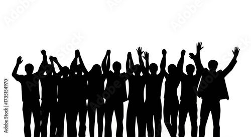 Dynamic silhouette of a diverse crowd raising hands enthusiastically, symbolizing collective success, triumph, and powerful unity
