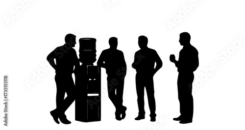 Professional colleagues networking and chatting during a casual water cooler break in a modern office environment.