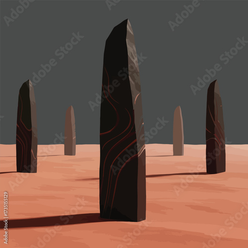 Mysterious standing stones arrangement on a reddish surface under a dim light.
