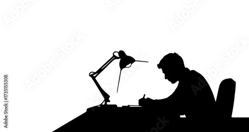 Focused individual diligently working or studying at a desk under a bright lamp, representing deep concentration, creative effort, and dedicated productivity.