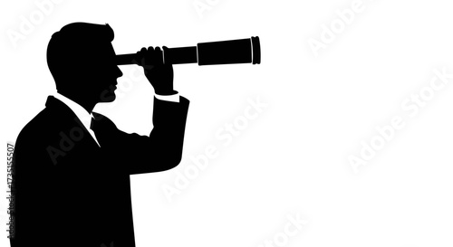 Strategic businessman peering through a telescope, symbolizing future vision, market exploration, and uncovering new opportunities for growth and success