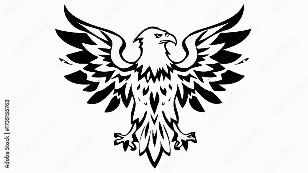 Obraz premium Black vector illustration of a tribal eagle tattoo design with wings and feathers flying over a silhouette of a Bird of Paradise art