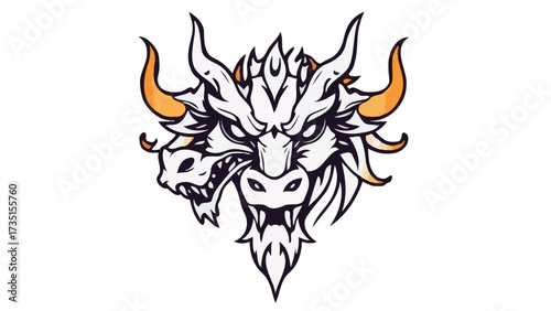 Black vector tribal tattoo design featuring a flaming bull and evil skull symbols