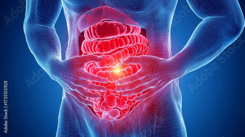 Artistic Medical Illustration of Human Abdomen with Highlighted Pain Area