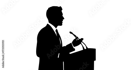 Confident professional delivering an inspiring public address at a formal podium, captivating the audience with powerful communication.