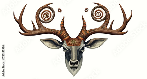 A carnival mask on a white background with decorative deer antlers and a brown stag head