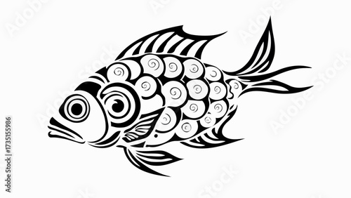 Black and white vector illustration of a tropical fish or aquarium animal swimming on a white background, suitable for a tattoo or logo design