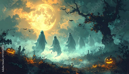 Ethereal Ghosts Haunt Spooky Graveyard Under Giant Full Moon with Jack-o'-Lanterns and Bats