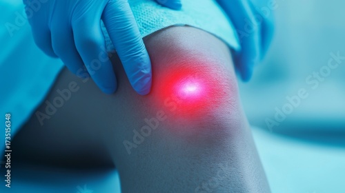 Modern Medical Equipment in Use for Pain Relief Treatment on Knee Area
