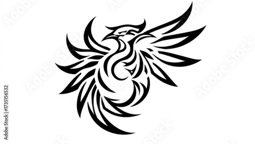 Black vector illustration of a tribal phoenix tattoo design with intricate floral and animal decoration pattern