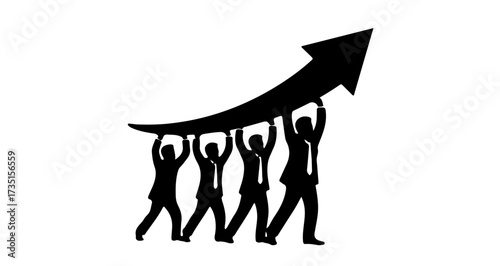Business team collaborating to elevate a dynamic growth arrow, symbolizing collective effort and upward progress towards success.