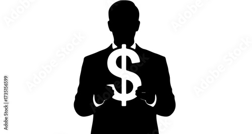Confident professional silhouette grasping a bold dollar sign, embodying wealth, profit, and lucrative business opportunities for success.