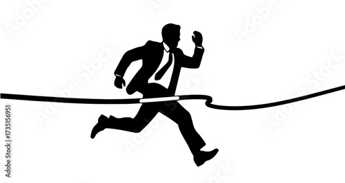 Dynamic businessman silhouette breaking the finish line ribbon, symbolizing triumph, success, and achieving ambitious corporate goals with determination.