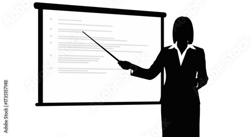 Confident businesswoman confidently presenting project strategy with pointer on projection screen, conveying expertise and leadership in a professional setting.