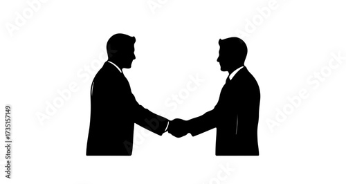 Two confident businessmen in silhouette form a strong handshake, symbolizing partnership, agreement, and successful collaboration in a modern professional setting.