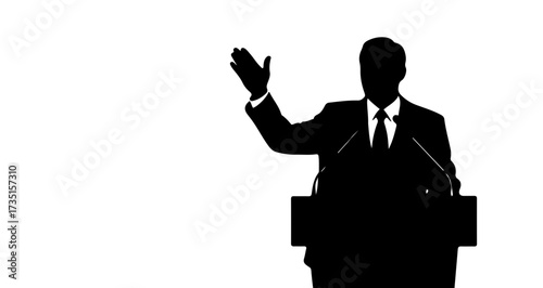 Dynamic silhouette of a professional speaker gesturing passionately from a podium, embodying strong leadership and compelling public address.