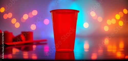 A bright red plastic party cup, slightly translucent, solo cup, red plastic