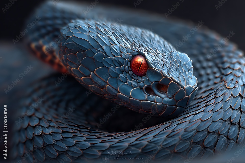 Fototapeta premium Intense gaze of a snake with striking red eyes coiled and ready to strike, a mesmerizing and dangerous predator, animal closeup, reptile macro view
