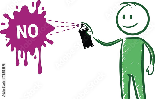 Illustration of stick figure using spray paint to write the word no