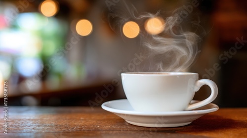 pause. A close-up view of a coffee cup with steam rising, set against a blurred, cozy backdrop. bar promotions, beverage menus, designed for food & beverage menus and cafe branding.