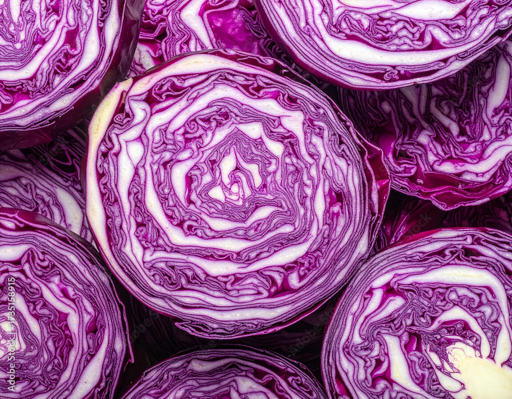 Obraz premium Red cabbage cross-sections arranged in pattern, vibrant purple vegetable background 