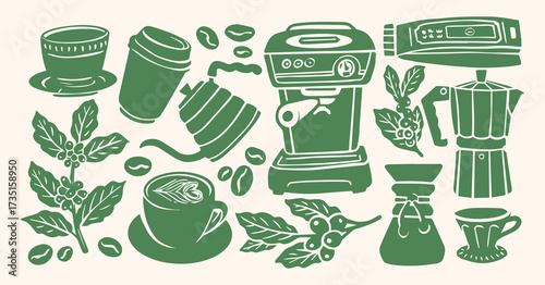Clip Art Coffee Cup and Classic Coffee Machine, Coffee Shop Hand Drawn Coffee Americano, Cappuccino, Street Coffee, Coffee Machine, Caffeine, Coffee Icons, Brunch Food Vector	